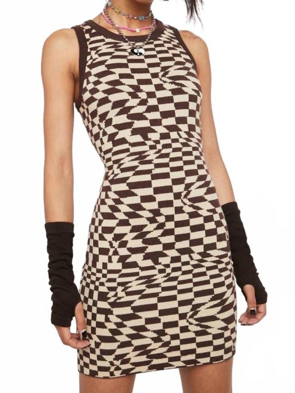 CUTE Trippy Checkerboard Knit bodycon Dress in Brown & Cream SZ M